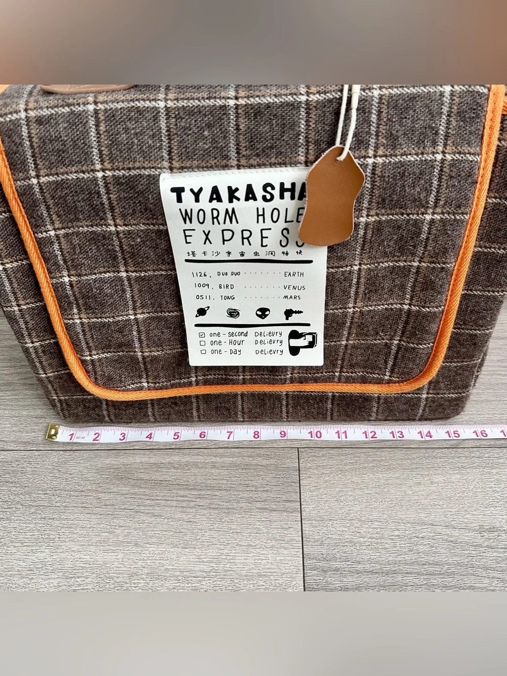 TYAKASHA Worm Hole Express Brown Plaid Tweed Satchel Laptop Bag